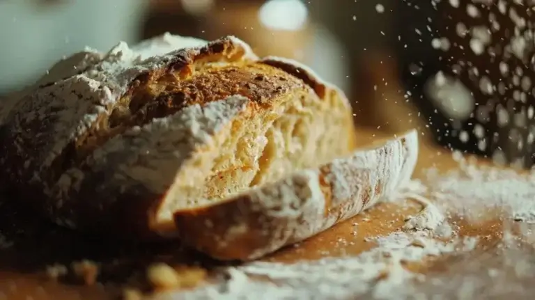 En närbild av en nybakad, rund limpa glutenfritt bröd på en träyta. Brödet är delvis skivat och avslöjar en mjuk, luftig insida. Mjöl dammas över skorpan och sprids runt, vilket framhäver det rustika, hemlagade utseendet perfekt för att baka glutenfritt.