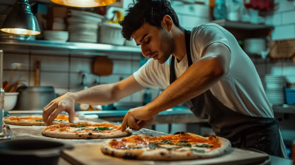 En kock i ett svagt upplyst kök lagar glutenfria pizzafyllningar på en träbänk. Han bär vit skjorta och mörkt förkläde och fokuserar intensivt när han ordnar pålägg på de nygräddade pizzorna, med tallrikar och köksredskap i bakgrunden.