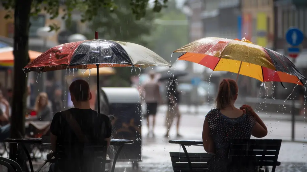 Två personer sitter under paraplyer på en uteservering under en regnstorm, eftersom vädret tillför en romantisk atmosfär. Personen till vänster håller ett svart och rött paraply, medan personen till höger väljer ett gult och rött. Regndroppar syns mot den suddiga gatubilden i bakgrunden.