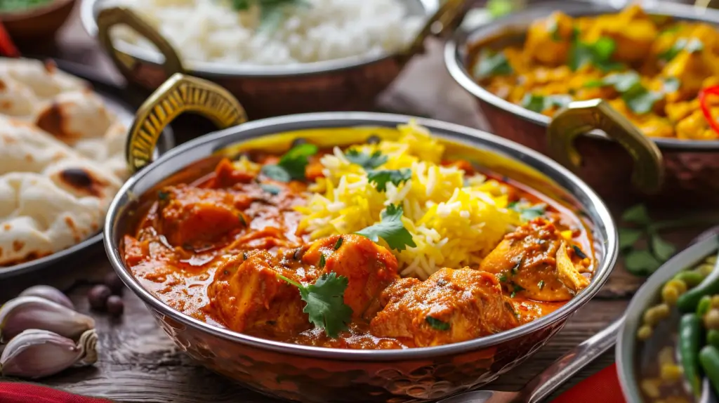 En skål med kycklingcurry garnerad med koriander står i förgrunden, tillsammans med en portion vitt och gult ris. Omgivande rätter inkluderar naanbröd, vitlöksklyftor och en annan curryrätt. Bordet är dukat med levande och färgstarka indiska rätter.