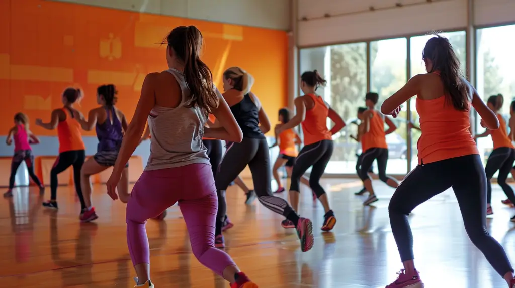 En grupp människor som deltar i en dansfitnessklass i ett gym. De har på sig atletiska kläder och följer instruktörens rörelser. Rummet har stora fönster och en orange vägg i bakgrunden.