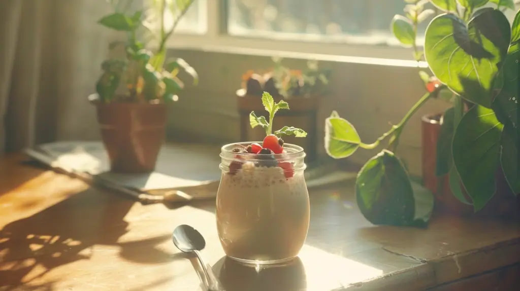 En glasburk med overnight oats toppad med bär och mynta står på ett solbelyst träbord nära krukväxter, med en sked bredvid och solljus strömmar genom ett fönster.
