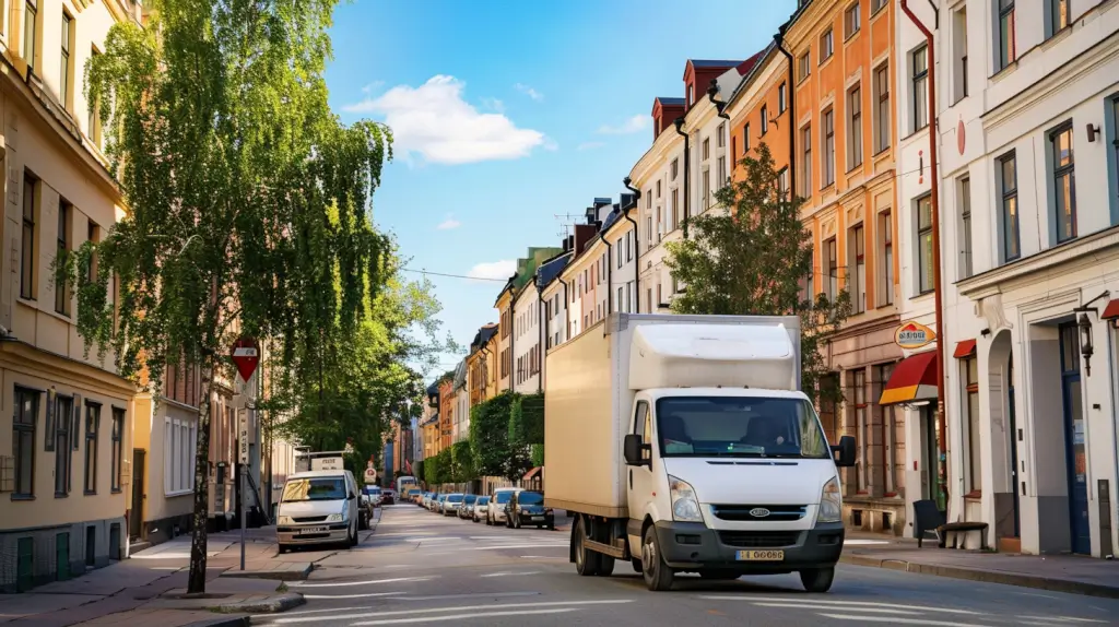 En vit leveranslastbil kör nerför en lugn, solig gata kantad av färgglada flervåningshus och parkerade bilar, med träd som bidrar med grönska till stadsbilden.