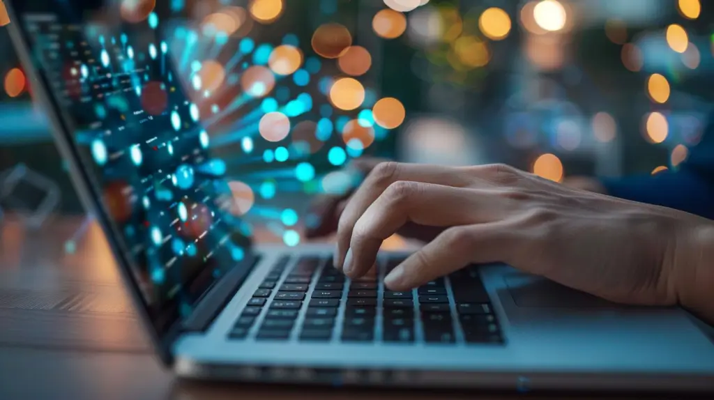 En persons hand skriver på ett tangentbord på en bärbar dator med digitala blå och orange ljuseffekter och bokeh i bakgrunden, vilket tyder på teknik, kodning eller databehandling.