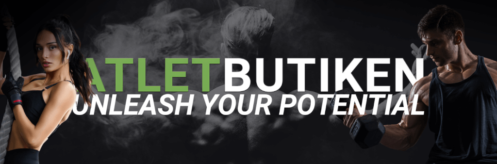 En kvinna som håller i stridsrep och en man som lyfter en hantel syns på var sin sida om texten "ATLETBUTIKEN UNLEASH YOUR POTENTIAL" mot en rökig mörk bakgrund.