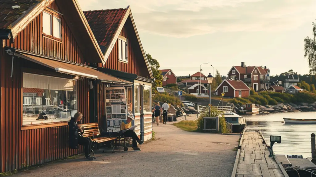 Människor sitter på bänkar utanför röda träbyggnader längs en lugn strandpromenad i en liten by, med fler hus och båtar synliga i bakgrunden en solig dag.