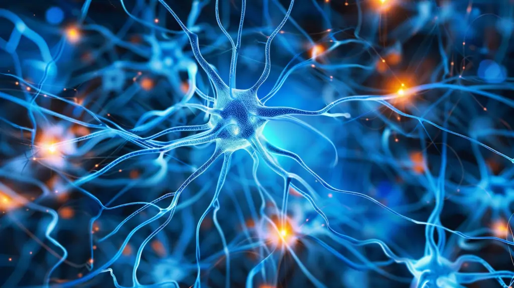 En digital illustration av blå neuroner som är sammankopplade med synapser med orange elektriska impulser, som representerar neural aktivitet i hjärnan, mot en mörk bakgrund.