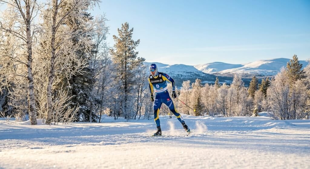 En längdskidåkare i blågul dräkt glider fram genom ett snöigt, solbelyst landskap med frostnupna träd och avlägsna berg under en klarblå himmel.