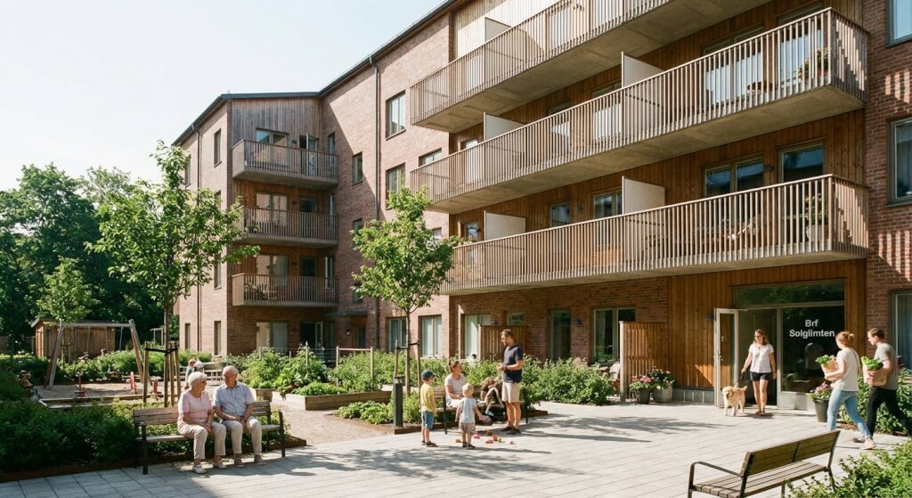 En innergård utanför en modern bostadsrättsförening med balkonger. Människor i olika åldrar umgås, sitter på bänkar och leker. Det finns träd, växter och en liten lekplats som skapar en välkomnande atmosfär.