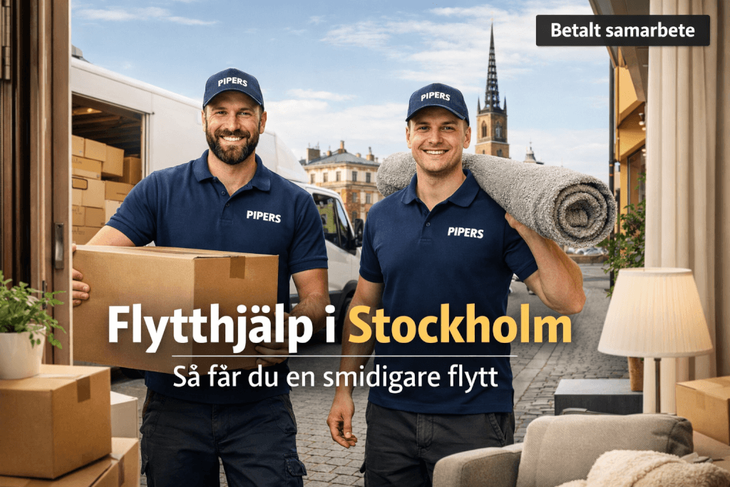 Två leende flyttgubbar i blå uniformer märkta "PIPERS" bär lådor och en hoprullad matta på en gata i Stockholm. Text på svenska marknadsför flytthjälp i Stockholm. I bakgrunden syns en kyrktornspira.