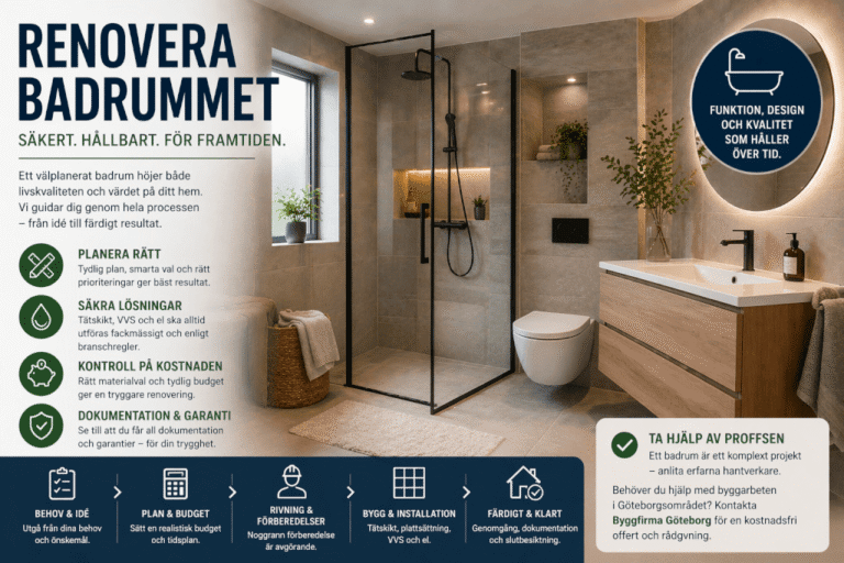 Modernt badrum med duschkabin, toalett, handfat med träskåp, rund spegel och ljust kakel. Informationsguide på svenska om badrumsrenovering, med ikoner, tips och kontaktuppgifter till proffs.