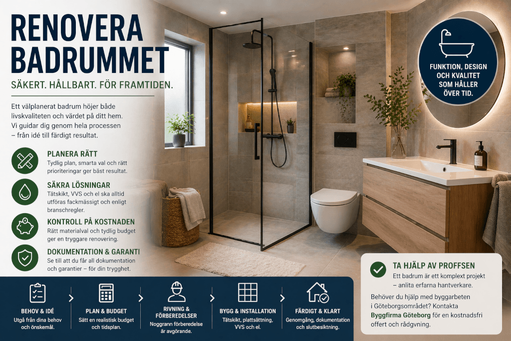 Modernt badrum med duschkabin, toalett, handfat med träskåp, rund spegel och ljust kakel. Informationsguide på svenska om badrumsrenovering, med ikoner, tips och kontaktuppgifter till proffs.