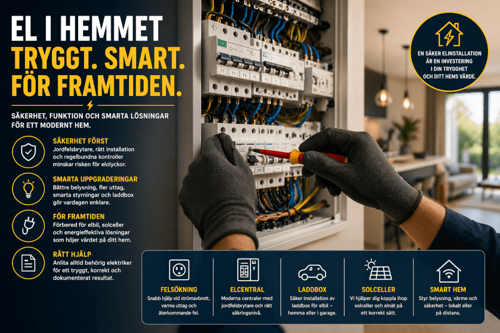 En person med handskar använder en skruvmejsel på en elpanel i ett hem. Svensk text främjar smarta, säkra och framtidsklara elektriska lösningar, med ikoner för felsökning, laddning, solpaneler och smarta hemfunktioner.