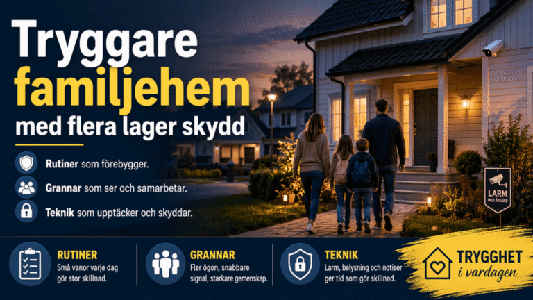 En familj på fyra personer går mot ett starkt upplyst hus i skymningen. Bilden främjar hemsäkerhet med skydd i flera lager, inklusive rutiner, grannsamarbete och teknik. Informationsikoner och svensk text finns längst ner.