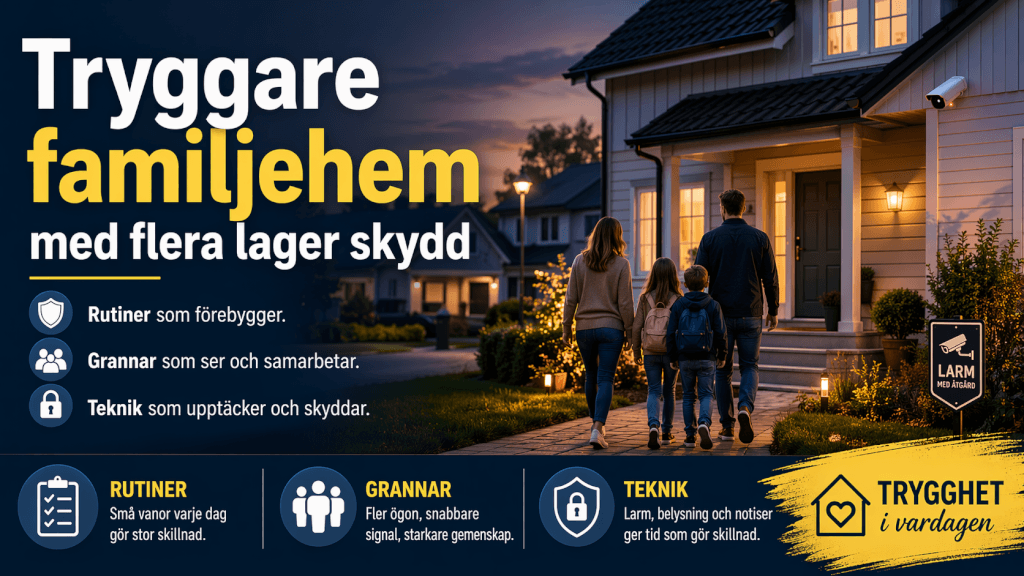 En familj på fyra personer går mot ett starkt upplyst hus i skymningen. Bilden främjar hemsäkerhet med skydd i flera lager, inklusive rutiner, grannsamarbete och teknik. Informationsikoner och svensk text finns längst ner.