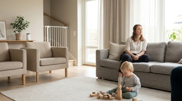 En kvinna sitter i en grå soffa i ett ljust, modernt vardagsrum medan ett litet barn leker med träklossar på en ljus matta. Rummet har neutrala toner, fåtöljer, en växt och stora fönster med skira gardiner.