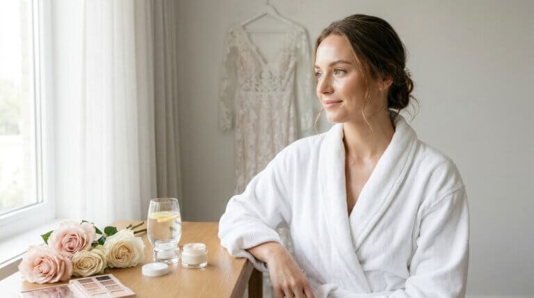 En kvinna i vit morgonrock sitter vid ett bord vid ett fönster och tittar ut. På bordet står rosor, smink, ett glas vatten med citron och en burk med grädde. En spetsklänning hänger i bakgrunden.