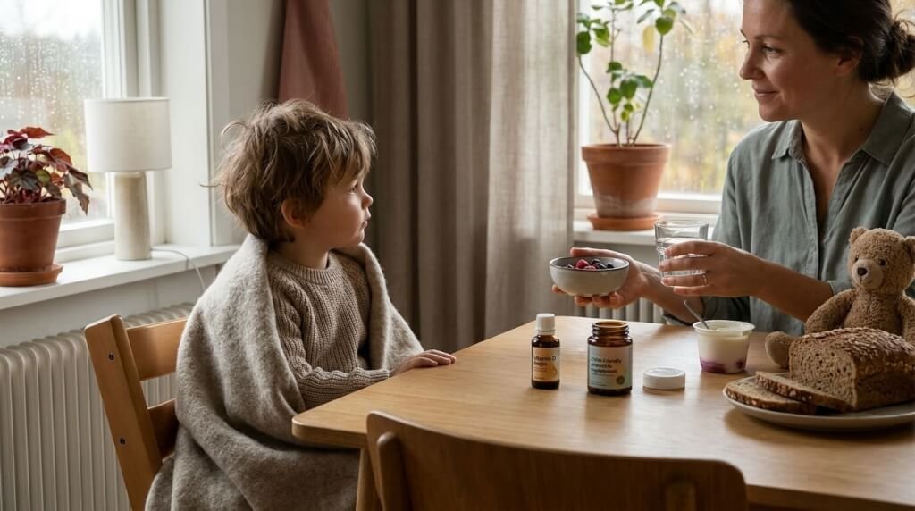 En kvinna erbjuder en skål med bär och ett glas vatten till ett litet barn som är inlindat i en filt vid ett träbord med medicinflaskor, bröd, yoghurt och en nallebjörn. Växter och ett fönster syns i bakgrunden.