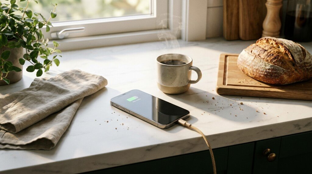 En smartphone som laddas på en köksbänk i marmor bredvid en rykande mugg, en skärbräda med en limpa bröd, en linneduk och en krukväxt vid ett soligt fönster.