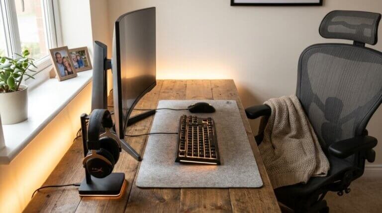 Ett modernt hemmakontor med ett skrivbord i trä, böjd bildskärm, tangentbord, mus, hörlurar, ergonomisk stol i mesh med filt, liten krukväxt och inramade foton vid ett solbelyst fönster.
