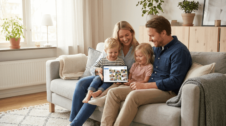 En leende familj på fyra personer sitter i en soffa i ett ljust vardagsrum. Föräldrarna och de två små barnen tittar på en surfplatta tillsammans och verkar glada och engagerade. Gröna växter och solljus dekorerar det mysiga utrymmet.