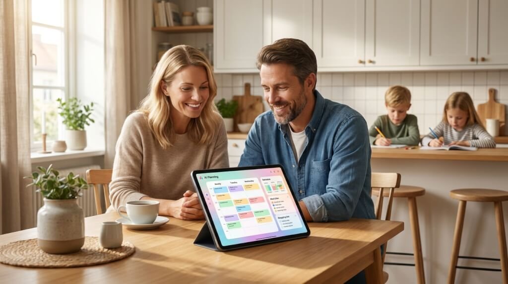 Ett leende par sitter vid ett köksbord och tittar på en surfplatta med en färgglad kalender, medan två barn gör läxor vid köksbänken i bakgrunden.