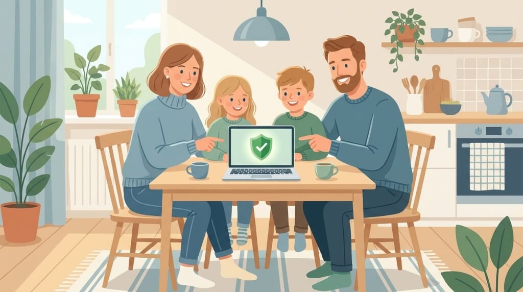 En leende familj på fyra personer sitter vid ett köksbord och pekar på en bärbar dator som visar en grön sköld med en bock. Köket är ljust, med växter och koppar på bordet, vilket tyder på trygghet och samhörighet.