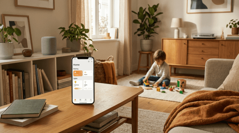 I ett mysigt vardagsrum med varma toner ligger en smartphone med en smarta hem-app på ett soffbord i trä. I bakgrunden leker ett barn med färgglada klossar på en matta i närheten av ett träskåp och växter.