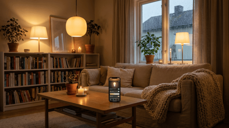 Ett mysigt vardagsrum med varm belysning, en beige soffa med en stickad filt, soffbord i trä med levande ljus, bokhyllor, krukväxter och en smartphone med en app för smart belysning på bordet.
