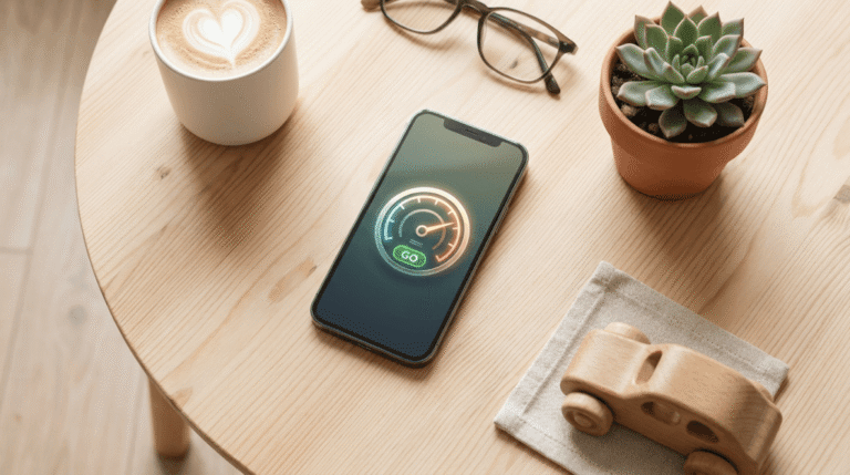 En smartphone som visar en hastighetsmätare med en "GO"-indikator ligger på ett träbord bredvid en kaffekopp med lattekonst, glasögon, en krukväxt och en leksaksbil i trä på en servett.