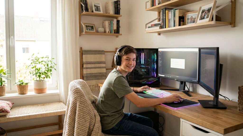 En leende tonåring med hörlurar på sig sitter vid ett skrivbord med en speldator, två skärmar och ett färgglatt tangentbord i ett mysigt, väl upplyst rum med hyllor, böcker och växter.