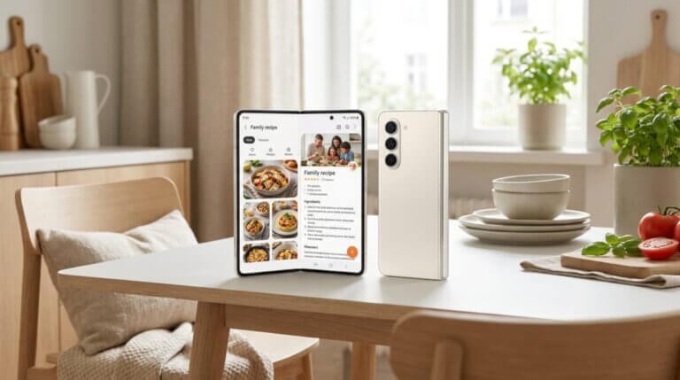 En hopfällbar smartphone står öppen på ett köksbord och visar en receptapp med bilder på maträtter. En annan stängd telefon ligger bredvid. I bakgrunden syns köksredskap, växter och solljus genom ett fönster.