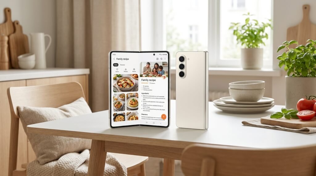 En hopfällbar smartphone står öppen på ett köksbord och visar en receptapp med bilder på maträtter. En annan stängd telefon ligger bredvid. I bakgrunden syns köksredskap, växter och solljus genom ett fönster.