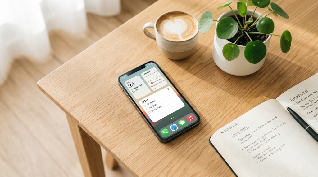 En smartphone med en kalender och påminnelser synliga ligger på ett träbord bredvid en kopp kaffe med lattekonst, en grön krukväxt och en uppslagen anteckningsbok med handskrivna anteckningar.