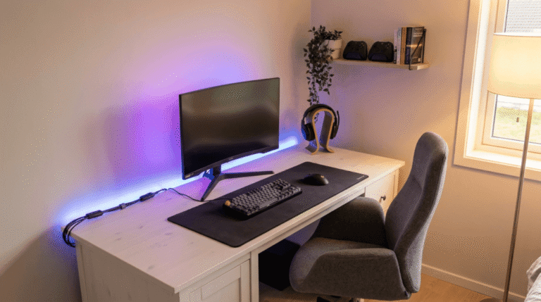 Ett prydligt gamingbord med en böjd bildskärm, tangentbord, mus och headset på ett vitt skrivbord. En grå stol står framför och på en hylla ovanför finns spelkontroller, böcker och en växt. Blå LED-lampor lyser bakom bildskärmen.
