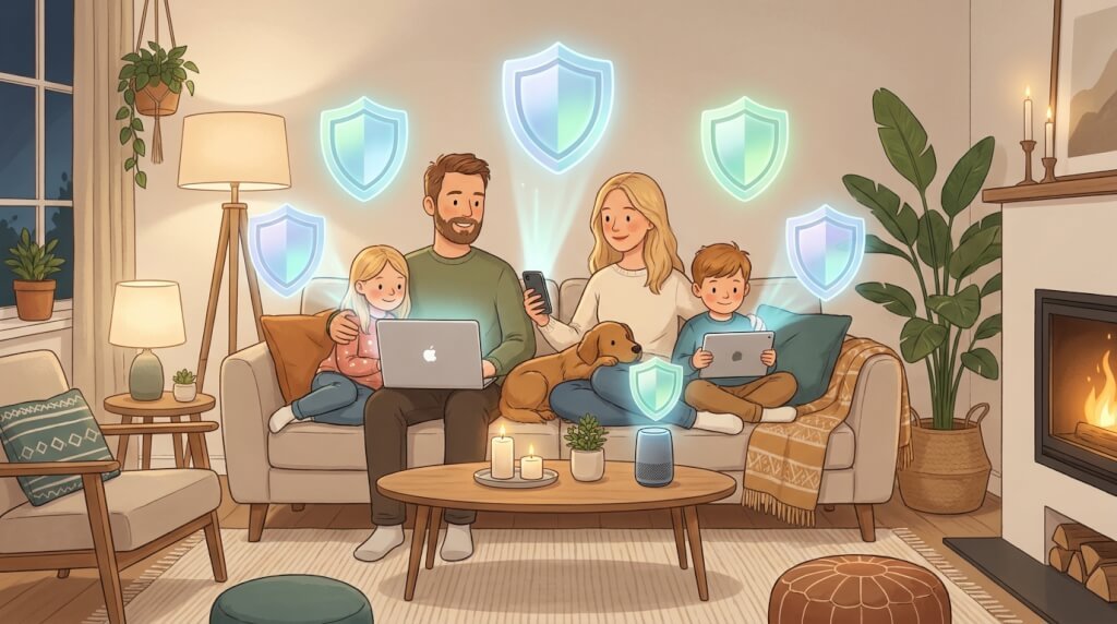 En familj på fyra personer och en hund sitter i en mysig vardagsrumssoffa och använder digitala enheter, med glödande sköldikoner ovanför dem som symboliserar säkerhet och skydd online. Rummet är varmt upplyst av stearinljus och en öppen spis.