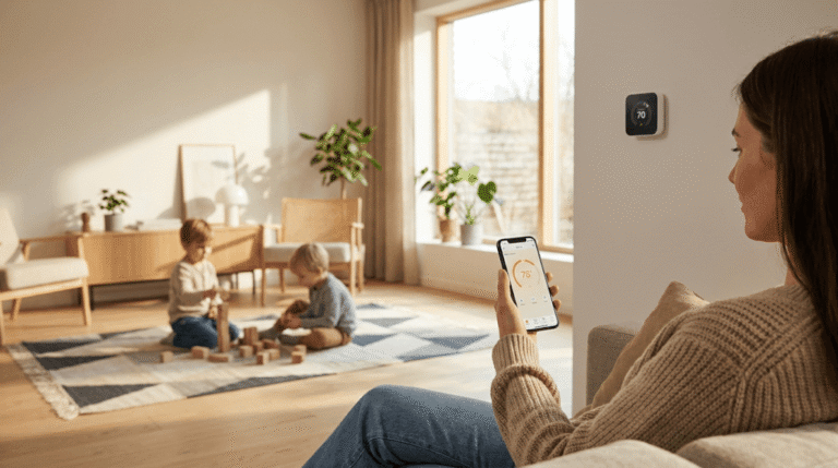 En kvinna som sitter på en soffa använder sin smartphone för att ställa in en smart termostat på väggen, medan två barn leker med träklossar på en matta i ett solbelyst, modernt vardagsrum.