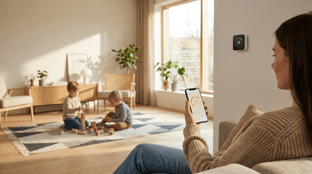 En kvinna som sitter på en soffa använder sin smartphone för att ställa in en smart termostat på väggen, medan två barn leker med träklossar på en matta i ett solbelyst, modernt vardagsrum.