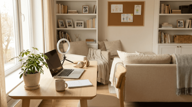 Ett mysigt hemmakontor med en bärbar dator, hörlurar, anteckningsblock och ringlampa på ett träskrivbord nära ett fönster. Det finns en växt på skrivbordet och en beige soffa med hyllor och inramade foton i bakgrunden.