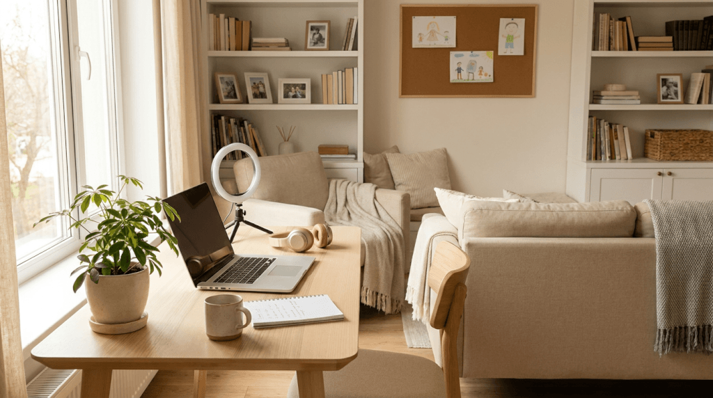Ett mysigt hemmakontor med en bärbar dator, hörlurar, anteckningsblock och ringlampa på ett träskrivbord nära ett fönster. Det finns en växt på skrivbordet och en beige soffa med hyllor och inramade foton i bakgrunden.