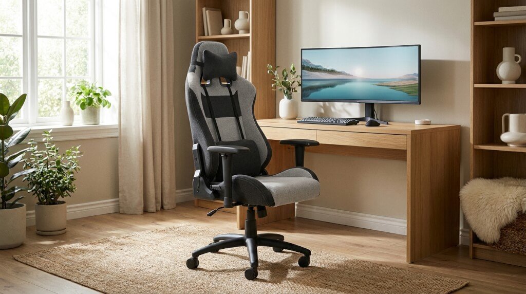 Ett modernt hemmakontor består av en svart och grå ergonomisk spelstol på en matta, ett skrivbord i trä med en böjd bildskärm som visar ett landskap, växter och ett fönster med vita gardiner som släpper in dagsljus.