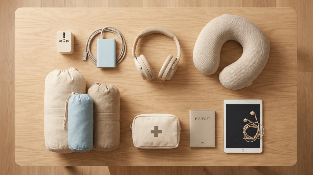 På ett träbord ligger reseprylar: en resekudde, hörlurar, pass, surfplatta med öronsnäckor, adapter, powerbank, laddningskabel, första hjälpen-kit och tre tygpåsar i olika storlekar.