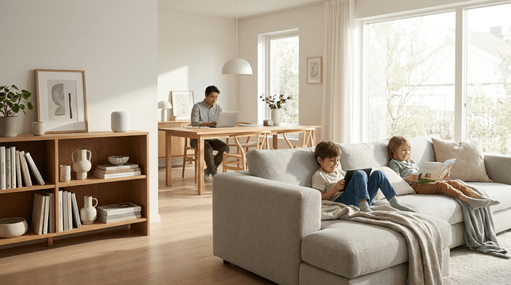 Ett ljust, modernt vardagsrum med två barn som läser i en ljusgrå soffa och en vuxen som arbetar med en laptop vid ett matbord i trä i bakgrunden. Stora fönster släpper in naturligt ljus.