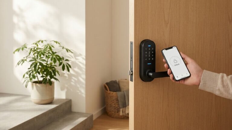 En person låser upp ett modernt elektroniskt dörrlås med hjälp av en smartphone, med en krukväxt och en flätad korg synlig i en ljus, minimalistisk interiör.