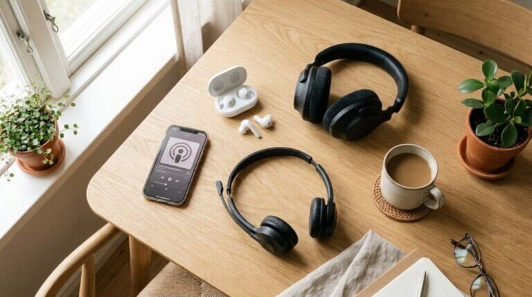 Ett träbord med trådlösa öronsnäckor, over ear- och on-ear-hörlurar, en smartphone med en podcast, en kopp kaffe, en anteckningsbok och krukväxter nära ett fönster.