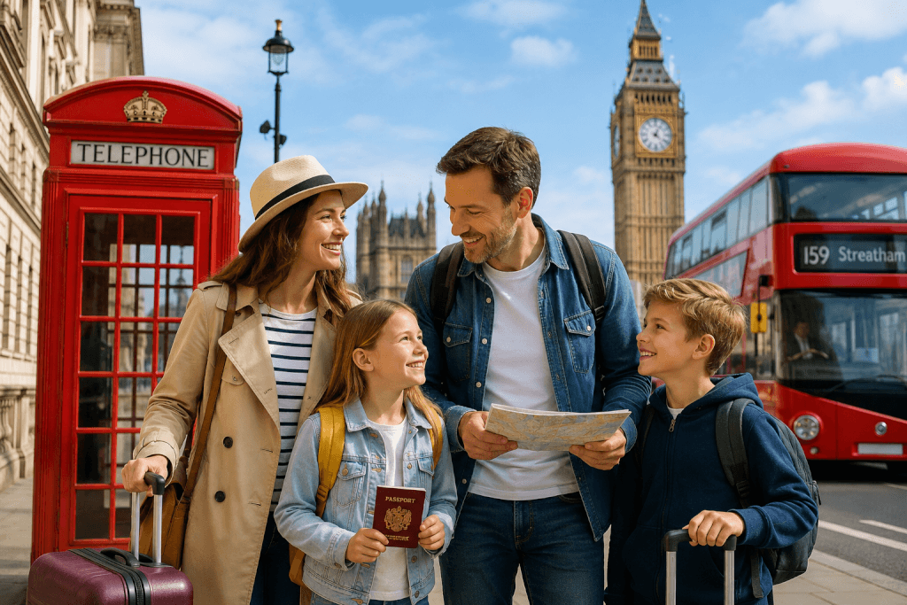 En leende familj med resväskor och en karta står bredvid en röd telefonkiosk i London, med Big Ben och en röd dubbeldäckarbuss i bakgrunden. Flickan håller ett pass i handen, och alla ser glada och förväntansfulla ut.