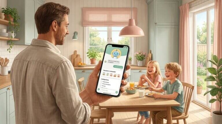 En man håller i en smartphone där en ekonomi-app visas, medan två barn sitter vid köksbordet, ler och äter frukost i ett solbelyst, mysigt kök.