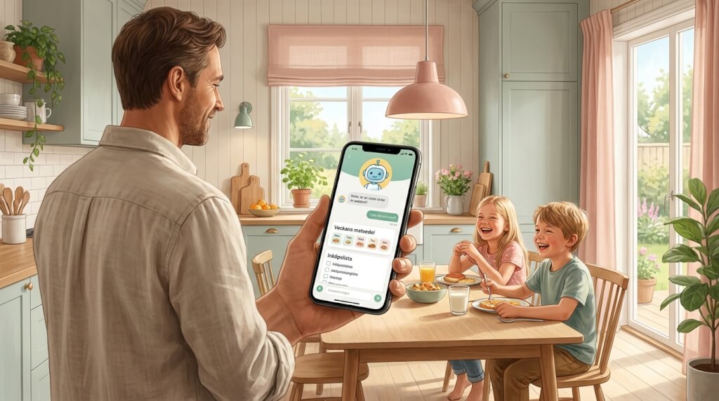 En man håller i en smartphone där en ekonomi-app visas, medan två barn sitter vid köksbordet, ler och äter frukost i ett solbelyst, mysigt kök.