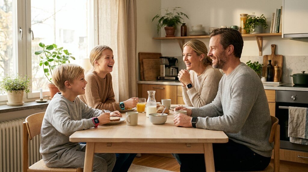 En familj på fyra personer sitter vid ett träbord i ett ljust kök och ler och skrattar tillsammans medan de äter frukost. På bordet står drycker, frukt och skålar, och på fönsterbrädan står krukväxter.