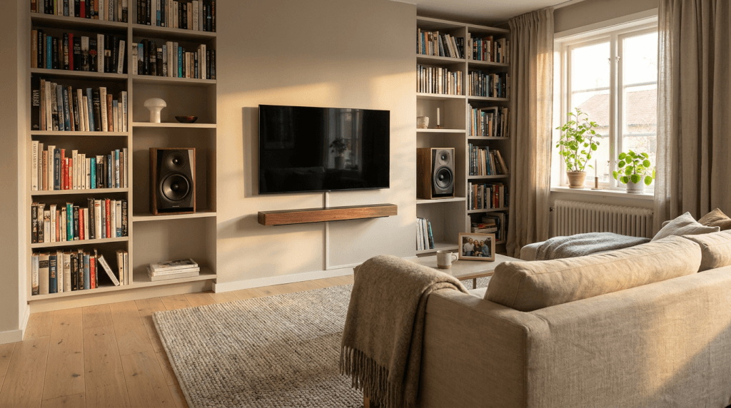 Ett mysigt vardagsrum med en beige soffa, en väggmonterad TV, bokhyllor på båda sidor, högtalare, ett fönster med ljusa gardiner, en krukväxt och en vävd matta på ett trägolv.